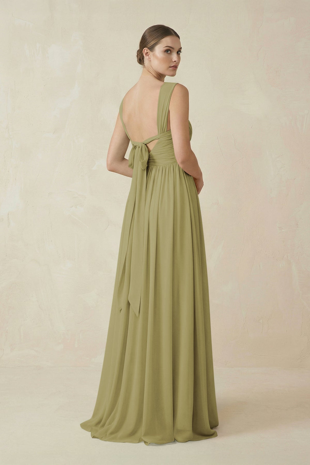 A-Line Pleated Chiffon Long Bridesmaid Dress in Moss Green