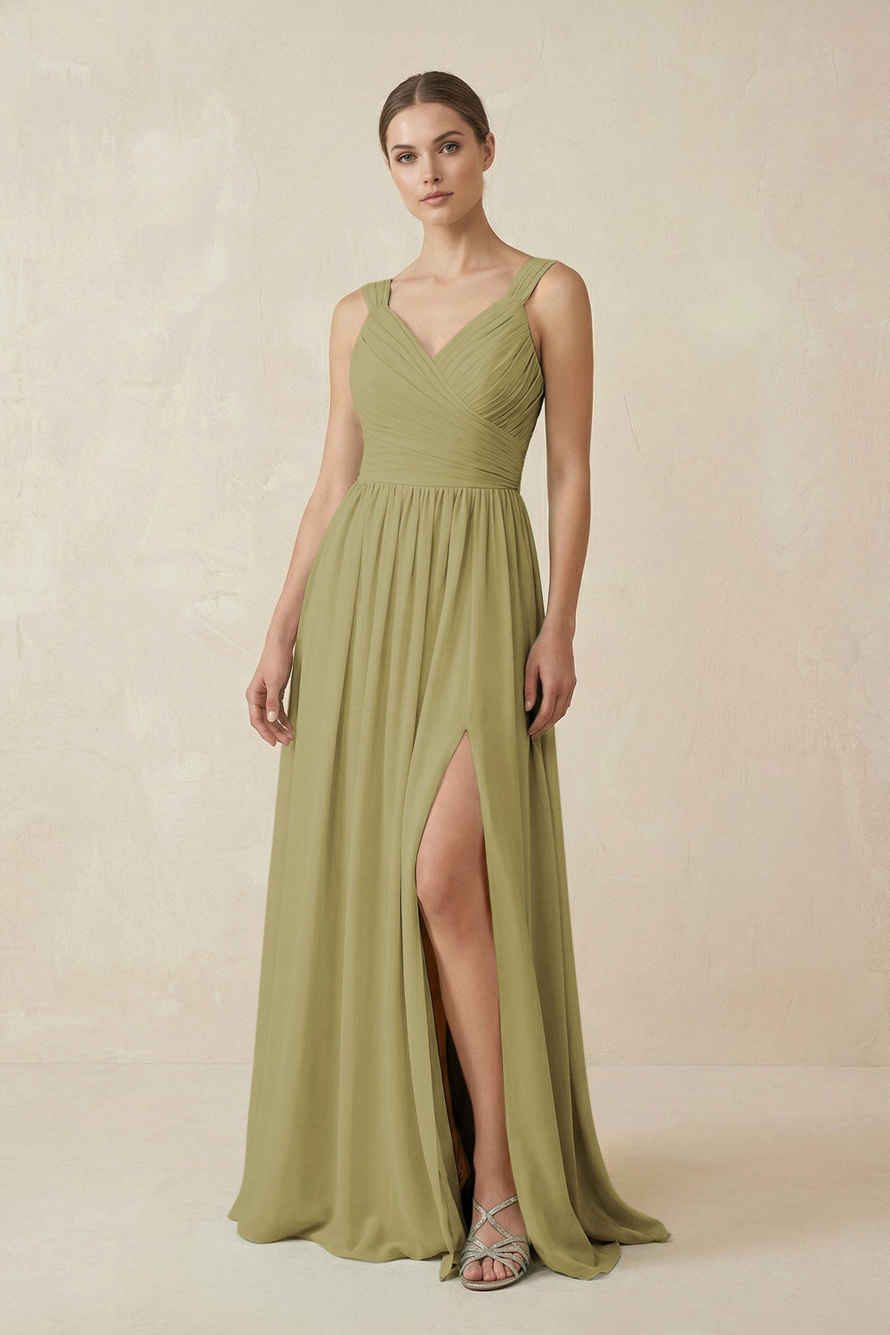 A-Line Pleated Chiffon Long Bridesmaid Dress in Moss Green