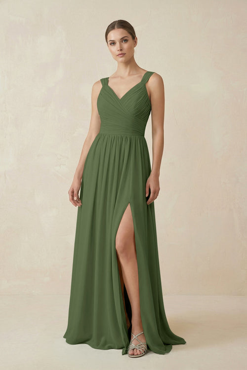 A-Line Pleated Chiffon Long Bridesmaid Dress in Moss | KISSBRIDAL
