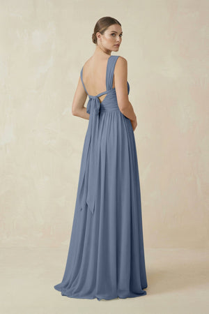 A - Line Pleated Chiffon Long Bridesmaid Dress in Neptune - KISS BRIDAL Bridesmaid Dresses