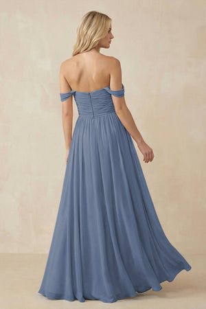 A - Line Pleated Chiffon Long Bridesmaid Dress in Neptune - KISS BRIDAL Bridesmaid Dresses