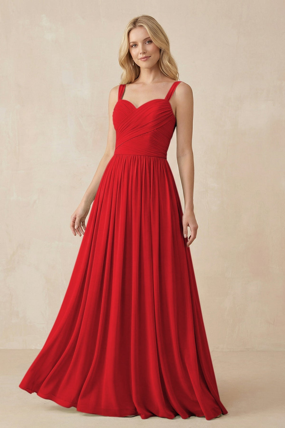 A-Line Pleated Long Chiffon Bridesmaid Dress in Ruby Red