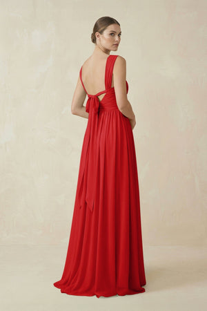 A - Line Pleated Chiffon Long Bridesmaid Dress in Ruby Red - KISS BRIDAL Bridesmaid Dresses
