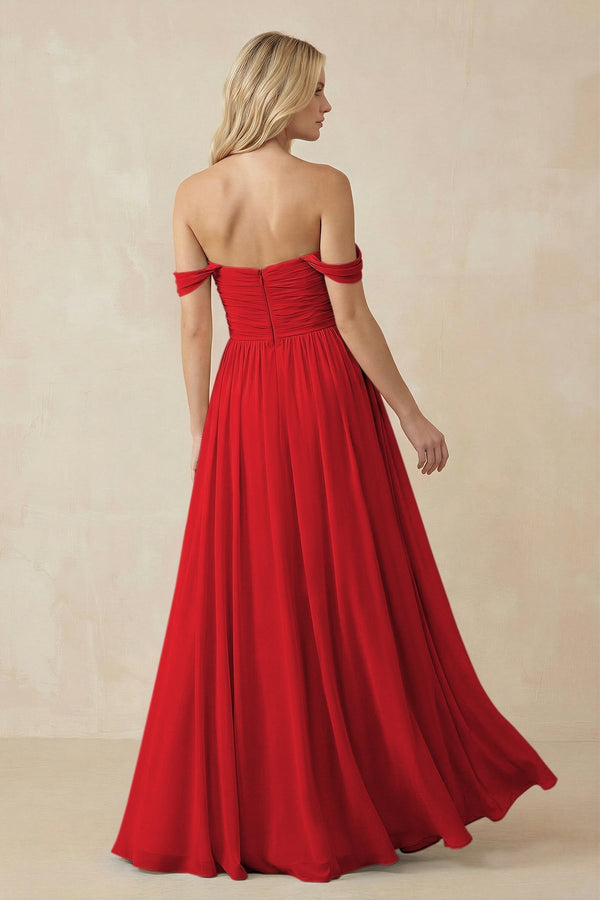 A - Line Pleated Chiffon Long Bridesmaid Dress in Ruby Red - KISS BRIDAL Bridesmaid Dresses
