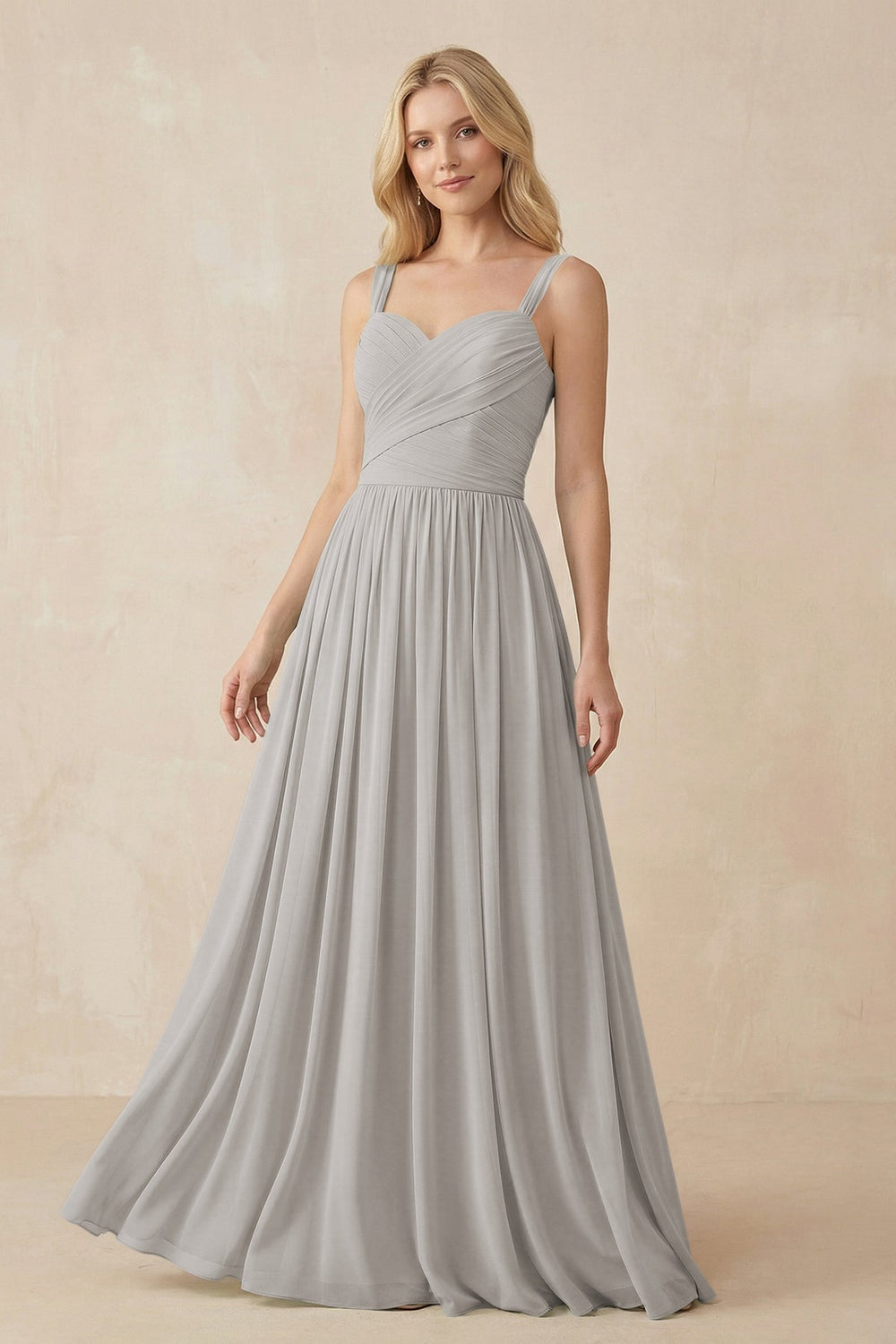 A-Line Pleated Long Chiffon Bridesmaid Dress in Silver