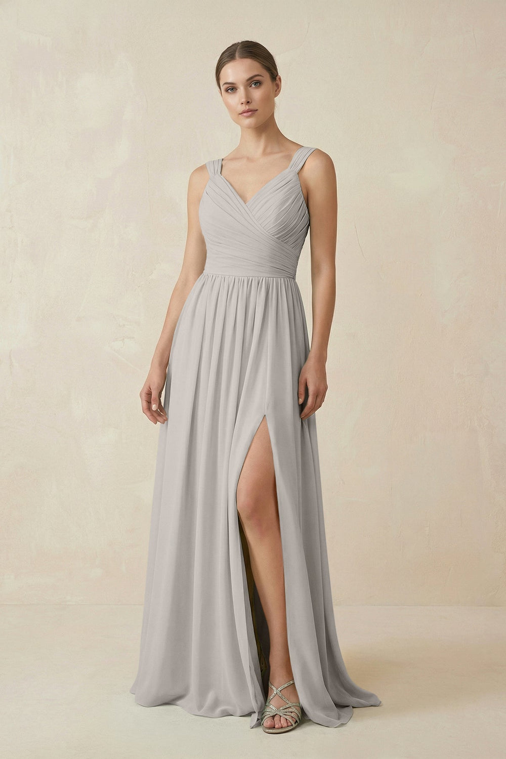 A-Line Pleated Chiffon Long Bridesmaid Dress in Silver