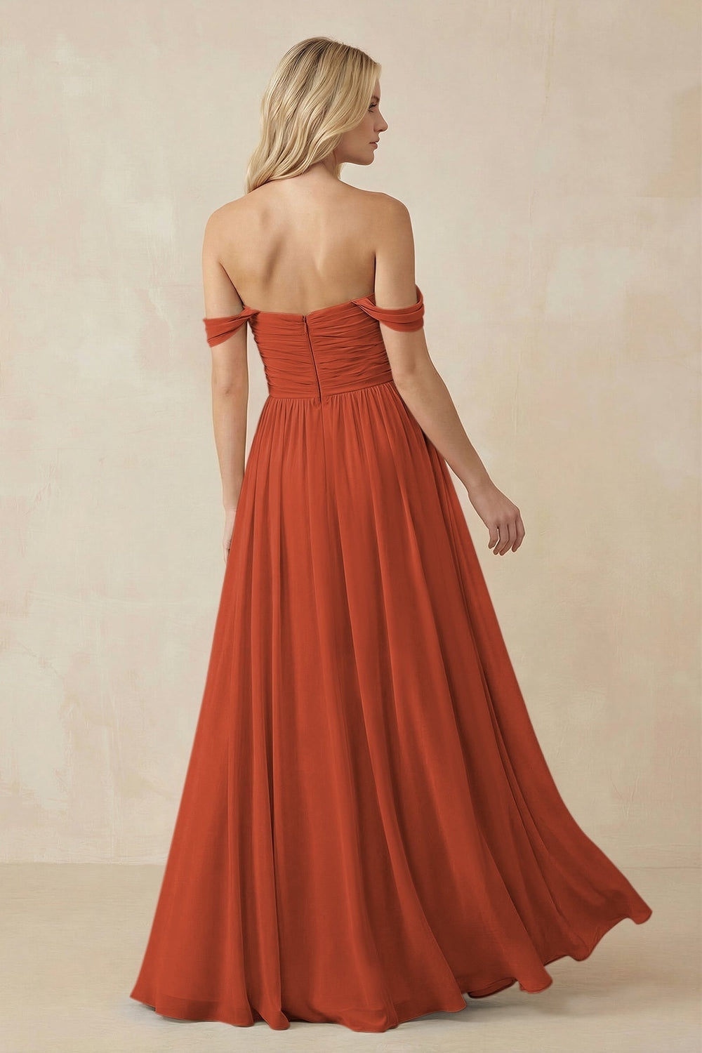 A-Line Pleated Long Chiffon Bridesmaid Dress in Spice