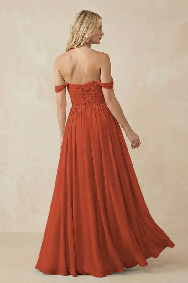 A - Line Pleated Chiffon Long Bridesmaid Dress in Spice - KISS BRIDAL Bridesmaid Dresses