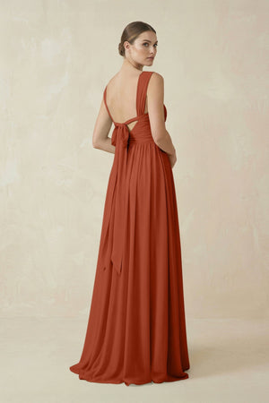 A - Line Pleated Chiffon Long Bridesmaid Dress in Spice - KISS BRIDAL Bridesmaid Dresses