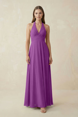 A-Line Pleated Chiffon V-Neck Bridesmaid Dress in Amethyst - KISS BRIDAL BRIDESMAID DRESSES