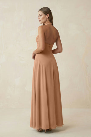 A-Line Pleated Chiffon V-Neck Bridesmaid Dress in Bronzer - KISS BRIDAL BRIDESMAID DRESSES