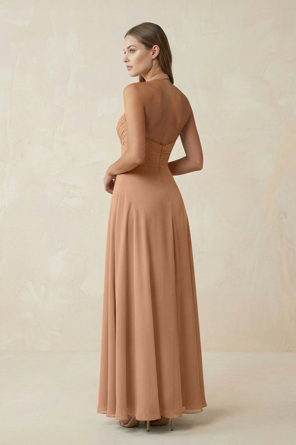 A-Line Pleated Chiffon V-Neck Bridesmaid Dress in Bronzer - KISS BRIDAL BRIDESMAID DRESSES