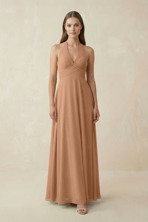 A-Line Pleated Chiffon V-Neck Bridesmaid Dress in Bronzer - KISS BRIDAL BRIDESMAID DRESSES