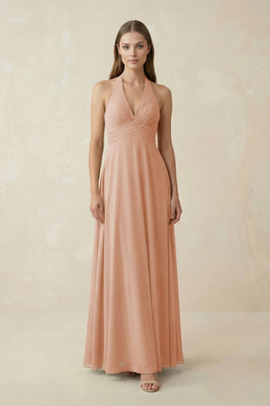 A-Line Pleated Chiffon V-Neck Bridesmaid Dress in Champagne Rose - KISS BRIDAL BRIDESMAID DRESSES