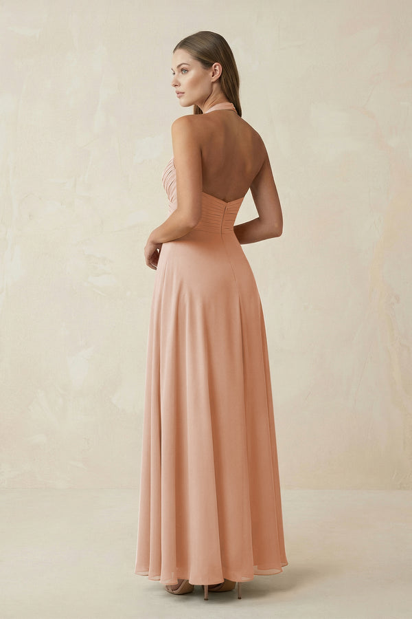 A-Line Pleated Chiffon V-Neck Bridesmaid Dress in Champagne Rose - KISS BRIDAL BRIDESMAID DRESSES