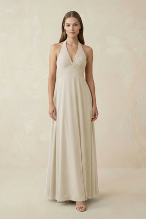 A-Line Pleated Chiffon V-Neck Bridesmaid Dress in Dove Gray - KISS BRIDAL BRIDESMAID DRESSES