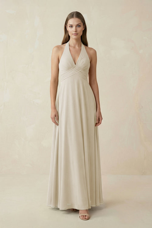 A-Line Pleated Chiffon V-Neck Bridesmaid Dress in Dove Gray - KISS BRIDAL BRIDESMAID DRESSES