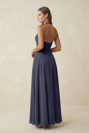 A-Line Pleated Chiffon V-Neck Bridesmaid Dress in Dusk Blue - KISS BRIDAL BRIDESMAID DRESSES