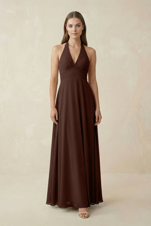 A-Line Pleated Chiffon V-Neck Bridesmaid Dress in Espresso - KISS BRIDAL BRIDESMAID DRESSES