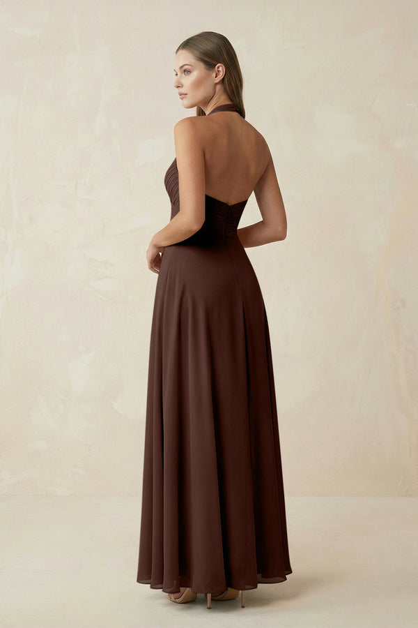 A-Line Pleated Chiffon V-Neck Bridesmaid Dress in Espresso - KISS BRIDAL BRIDESMAID DRESSES