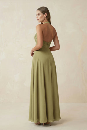 A-Line Pleated Chiffon V-Neck Bridesmaid Dress in Moss Green (2) | KISSBRIDAL