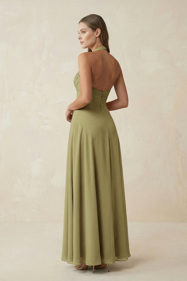 A-Line Pleated Chiffon V-Neck Bridesmaid Dress in Moss Green (2) | KISSBRIDAL