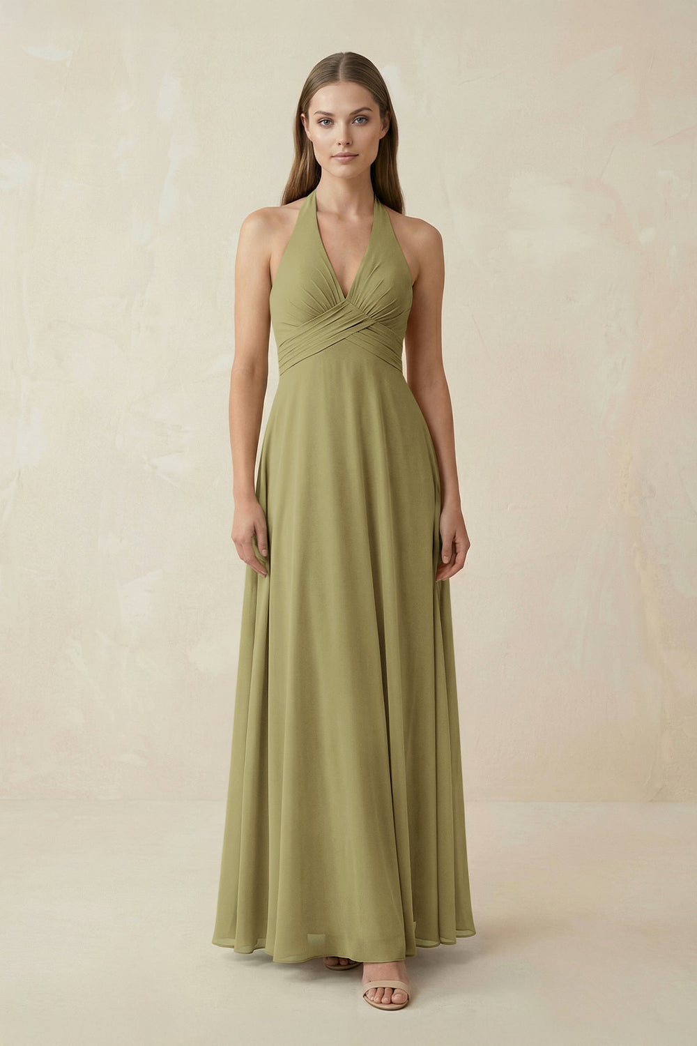 A-Line Pleated Chiffon V-Neck Bridesmaid Dress in Moss Green
