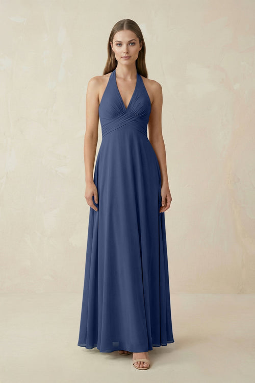 A-Line Pleated Chiffon V-Neck Bridesmaid Dress in Navy - KISS BRIDAL BRIDESMAID DRESSES
