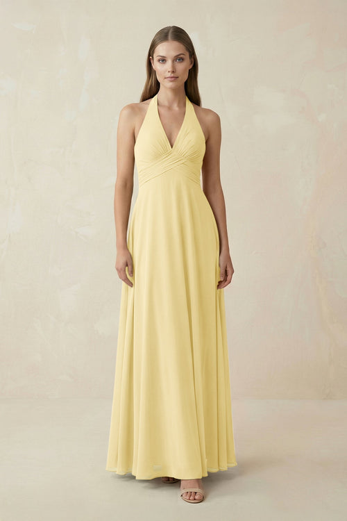 A-Line Pleated Chiffon V-Neck Bridesmaid Dress in Pastel Yellow - KISS BRIDAL BRIDESMAID DRESSES