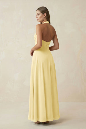 A-Line Pleated Chiffon V-Neck Bridesmaid Dress in Pastel Yellow - KISS BRIDAL BRIDESMAID DRESSES