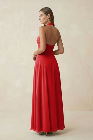 A-Line Pleated Chiffon V-Neck Bridesmaid Dress in Ruby Red - KISS BRIDAL BRIDESMAID DRESSES