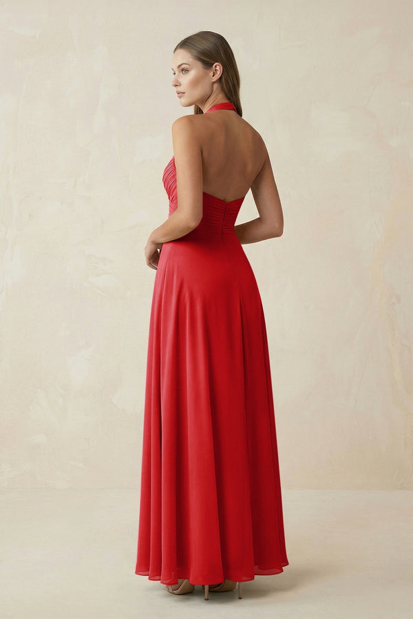 A-Line Pleated Chiffon V-Neck Bridesmaid Dress in Ruby Red - KISS BRIDAL BRIDESMAID DRESSES