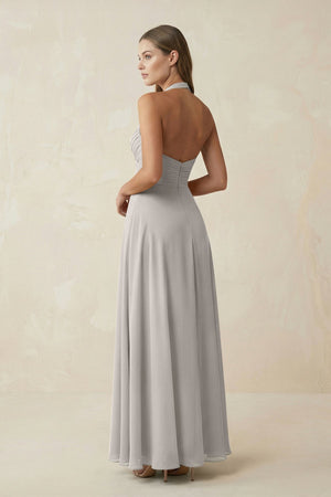 A-Line Pleated Chiffon V-Neck Bridesmaid Dress in Silver - KISS BRIDAL BRIDESMAID DRESSES