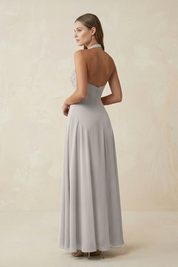 A-Line Pleated Chiffon V-Neck Bridesmaid Dress in Silver - KISS BRIDAL BRIDESMAID DRESSES