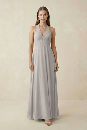 A-Line Pleated Chiffon V-Neck Bridesmaid Dress in Silver - KISS BRIDAL BRIDESMAID DRESSES