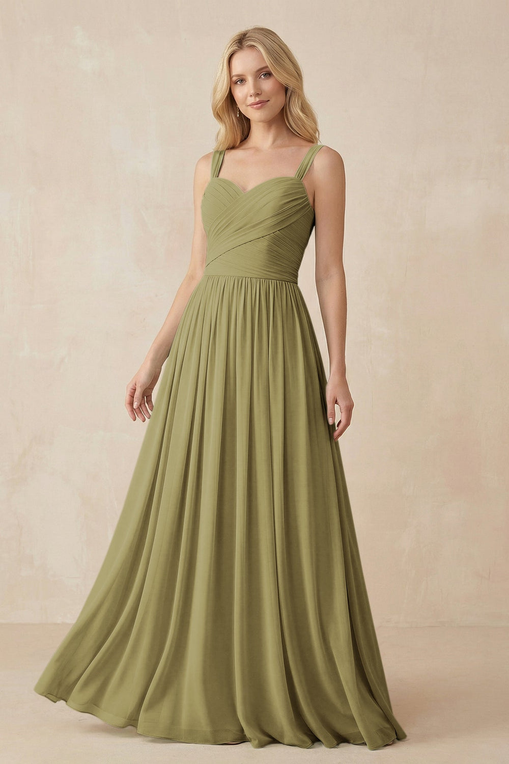 A-Line Pleated Long Chiffon Bridesmaid Dress in Moss Green