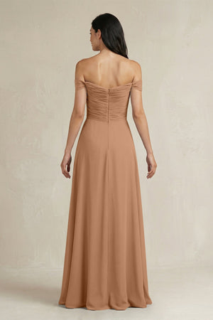 A - Line Pleated Off - the - Shoulder Chiffon Bridesmaid Dress in Bronzer - KISS BRIDAL Bridesmaid Dresses