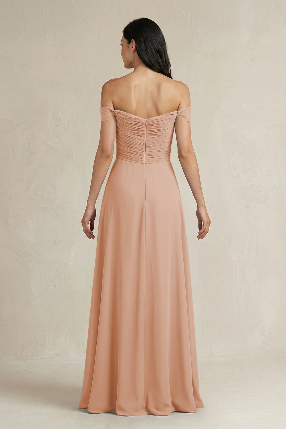 A-Line Pleated Off-the-Shoulder Chiffon Bridesmaid Dress in Champagne Rose