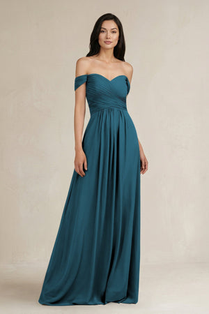 A - Line Pleated Off - the - Shoulder Chiffon Bridesmaid Dress in Dark Teal - KISS BRIDAL Bridesmaid Dresses
