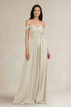 A - Line Pleated Off - the - Shoulder Chiffon Bridesmaid Dress in Dove Gray - KISS BRIDAL Bridesmaid Dresses