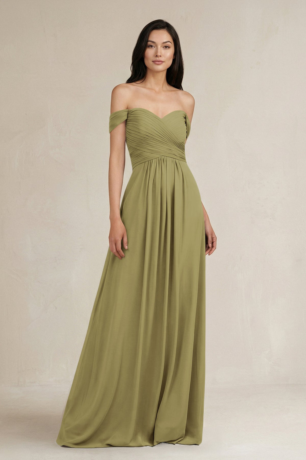 A-Line Pleated Off-the-Shoulder Chiffon Bridesmaid Dress in Moss Green