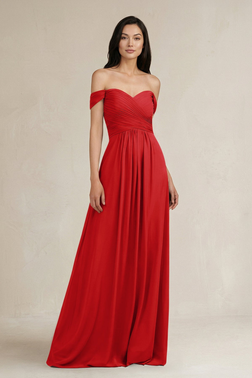 A-Line Pleated Off-the-Shoulder Chiffon Bridesmaid Dress in Ruby Red