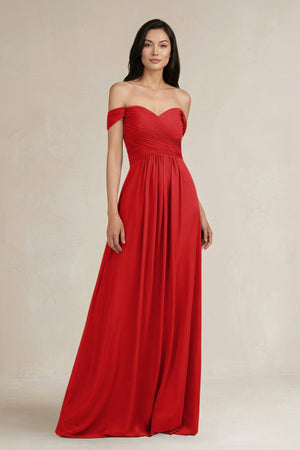 A - Line Pleated Off - the - Shoulder Chiffon Bridesmaid Dress in Ruby Red - KISS BRIDAL Bridesmaid Dresses
