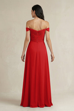 A - Line Pleated Off - the - Shoulder Chiffon Bridesmaid Dress in Ruby Red - KISS BRIDAL Bridesmaid Dresses