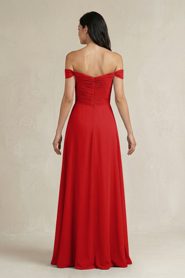 A - Line Pleated Off - the - Shoulder Chiffon Bridesmaid Dress in Ruby Red - KISS BRIDAL Bridesmaid Dresses