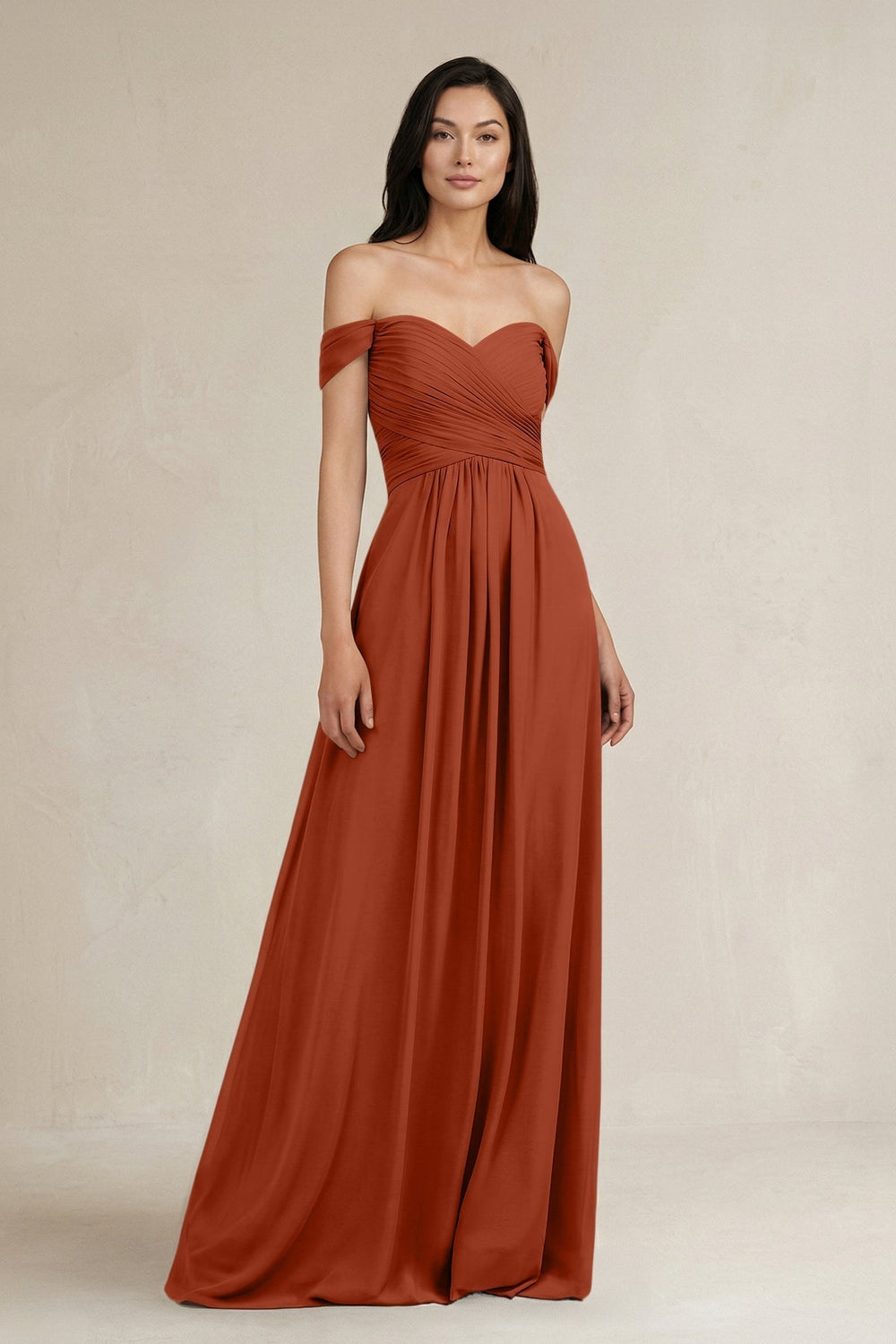 A-Line Pleated Off-the-Shoulder Chiffon Bridesmaid Dress in Spice