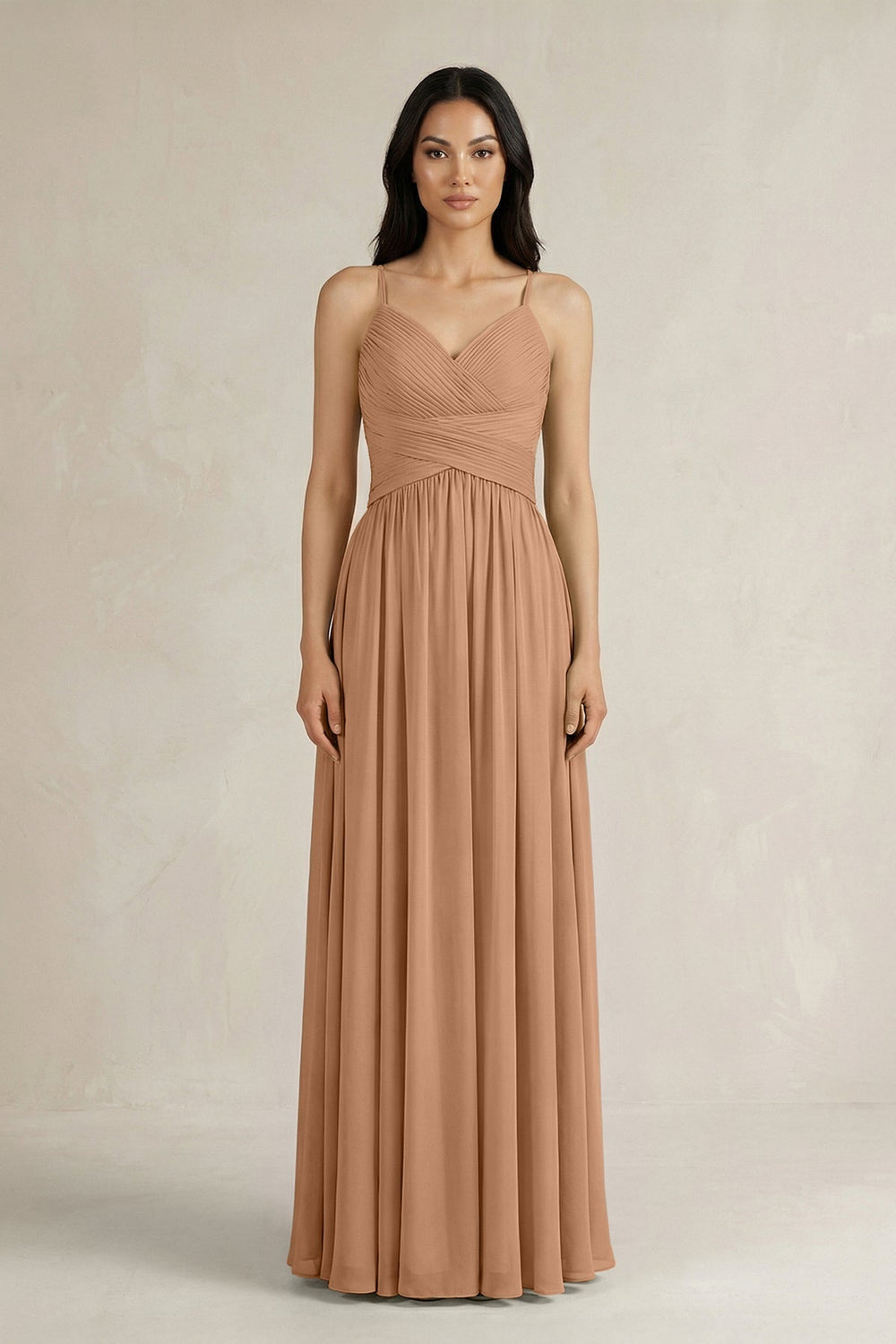 A-Line Pleated Spaghetti Strap Chiffon Bridesmaid Dress in Bronzer