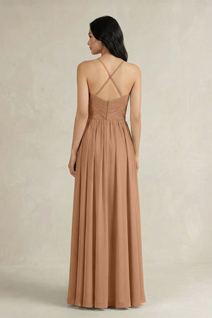 A - Line Pleated Spaghetti Strap Chiffon Bridesmaid Dress in Bronzer - KISS BRIDAL Bridesmaid Dresses