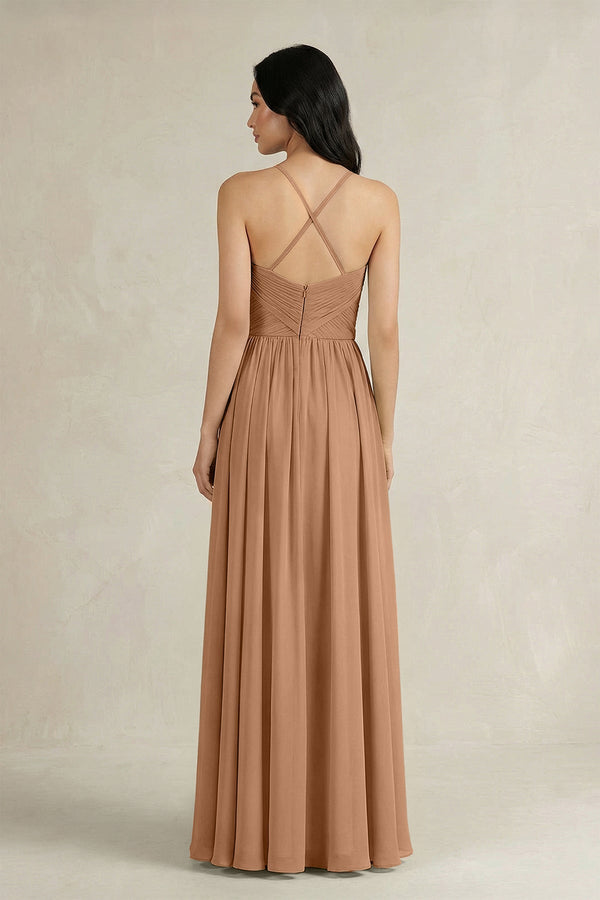 A - Line Pleated Spaghetti Strap Chiffon Bridesmaid Dress in Bronzer - KISS BRIDAL Bridesmaid Dresses