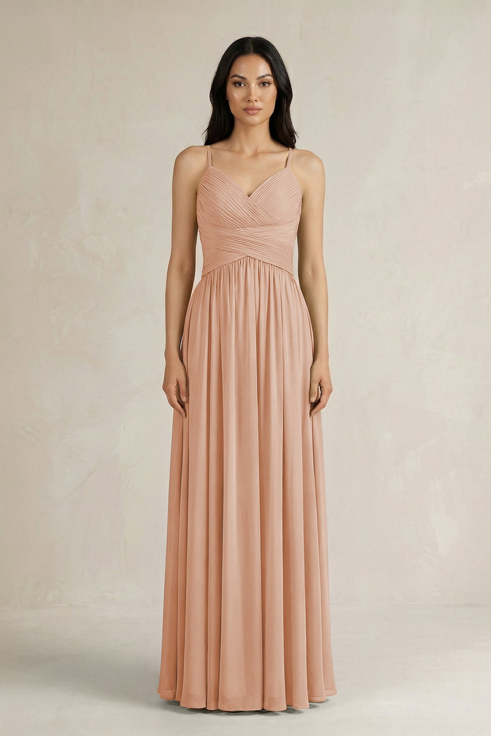 A-Line Pleated Spaghetti Strap Chiffon Bridesmaid Dress in Champagne Rose